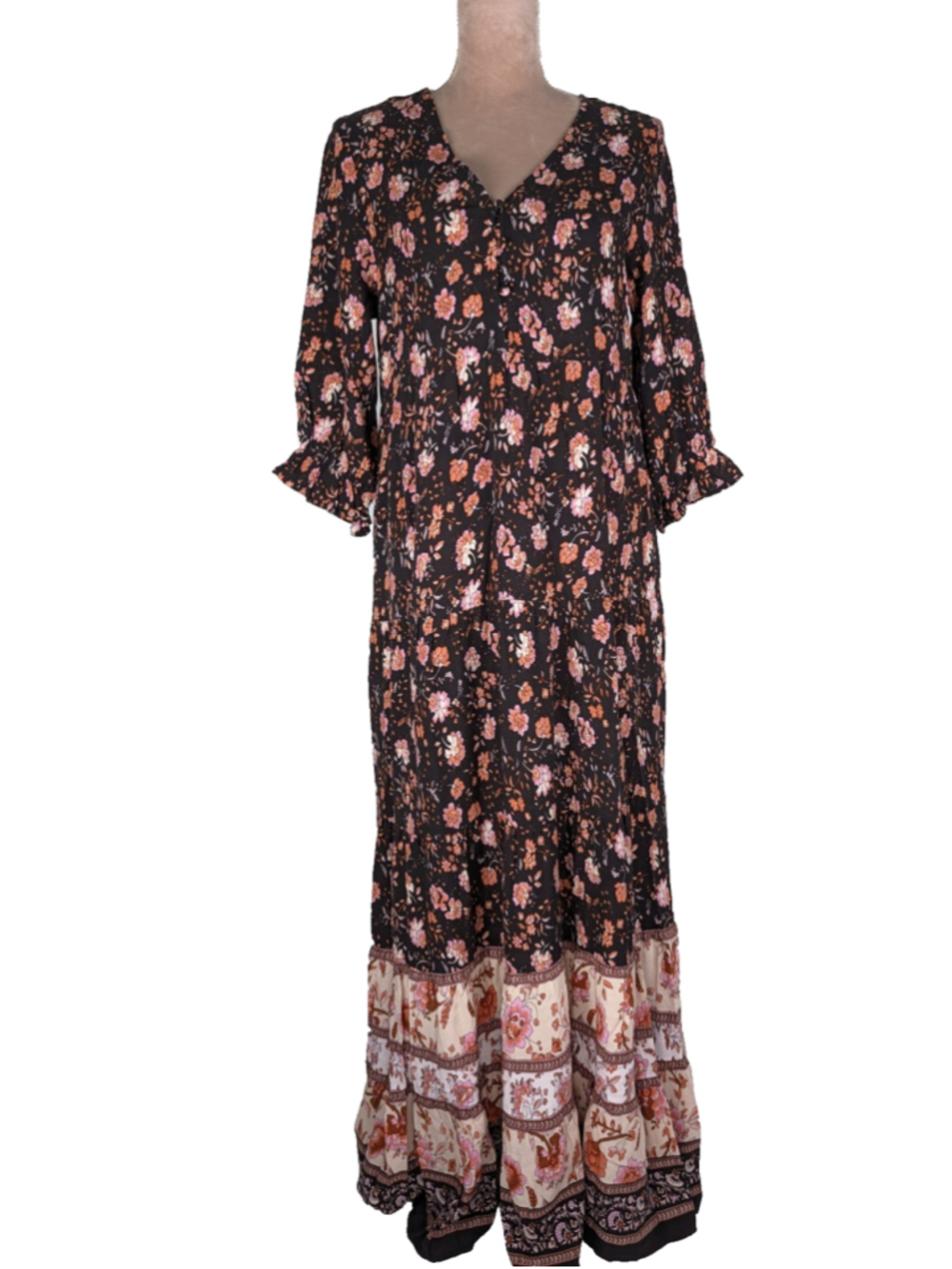 Natural Life Bella Floral Maxi Dress Womens Tiered Long Sleeve Boho Border Hem S